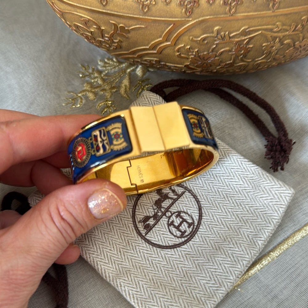 Hermes Limited Edition Hinged Bracelet.Equestrian Enamel And Gold Plated Loquet.